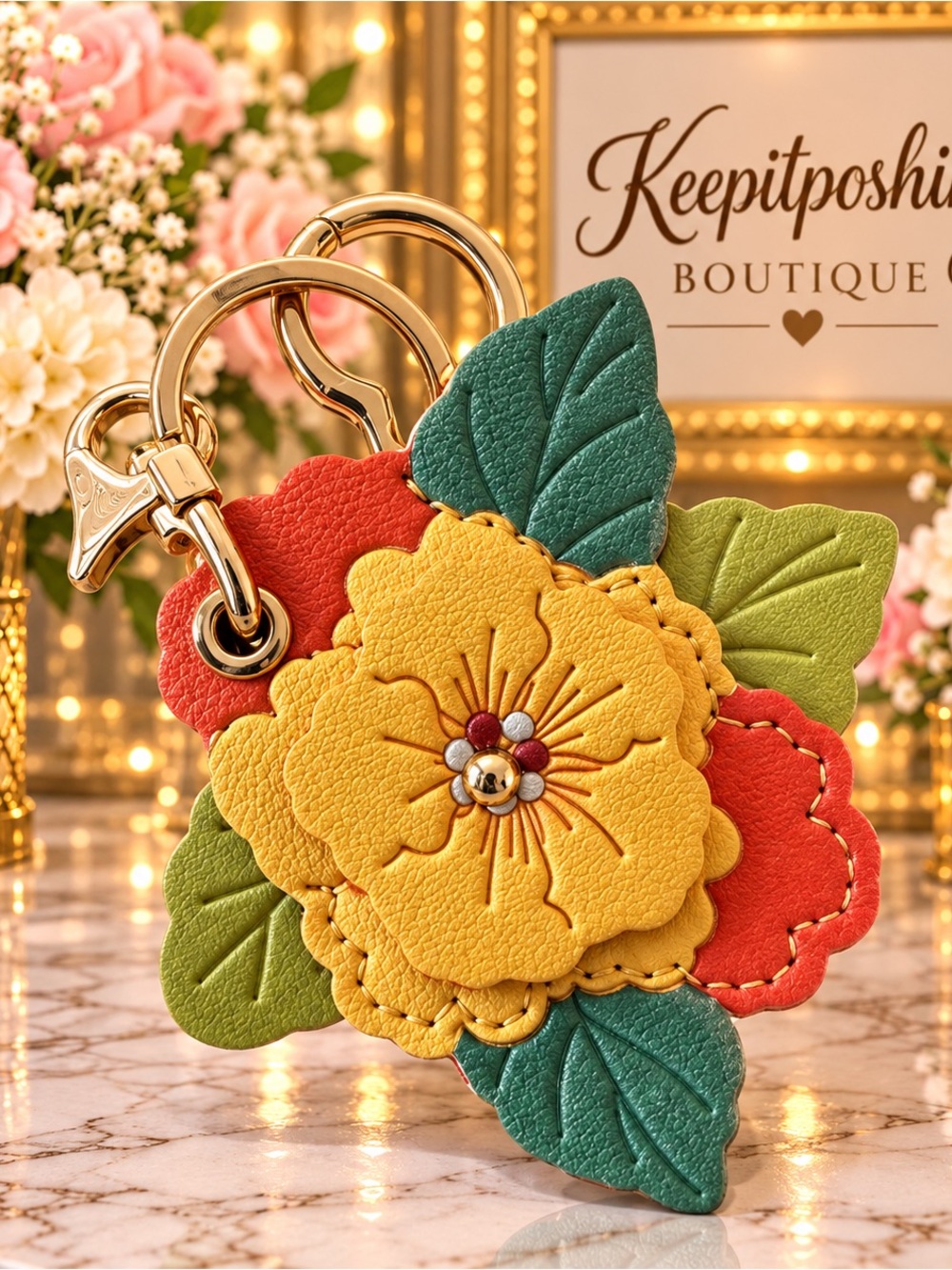 Yellow Floral AirTag holder Leather Keychain Charm